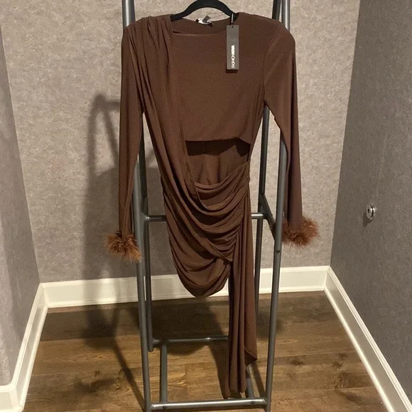 brown dress with fur trim One Shoulder Knit Mini Dress With Faux Fur Trim main image 1